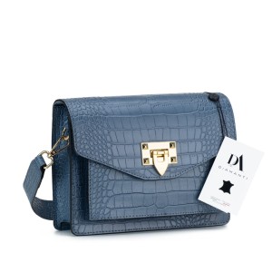 Geanta dama din piele naturala lacuita cu textura croco DiAmanti Sofia Albastru Denim